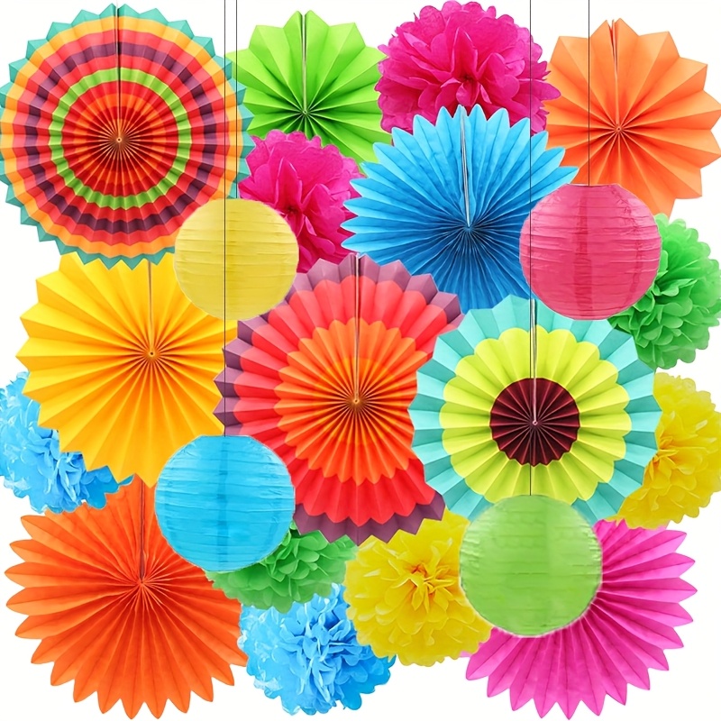 Image of 21pcs Party Hanging Paper Fan Set, Paper Flower Balls, Paper Lanterns For Birthday Parties, Weddings, Events, And Festive Decorations
