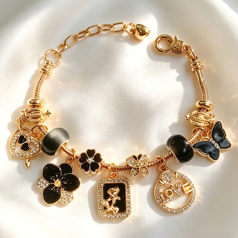 TEMU New Relief Rose Bead Bracelet, Black /flower/heart Love Pendant, Adjustable Snake Chain, Cool Girly Commute Birthday Holiday Jewelry Gift, Rose