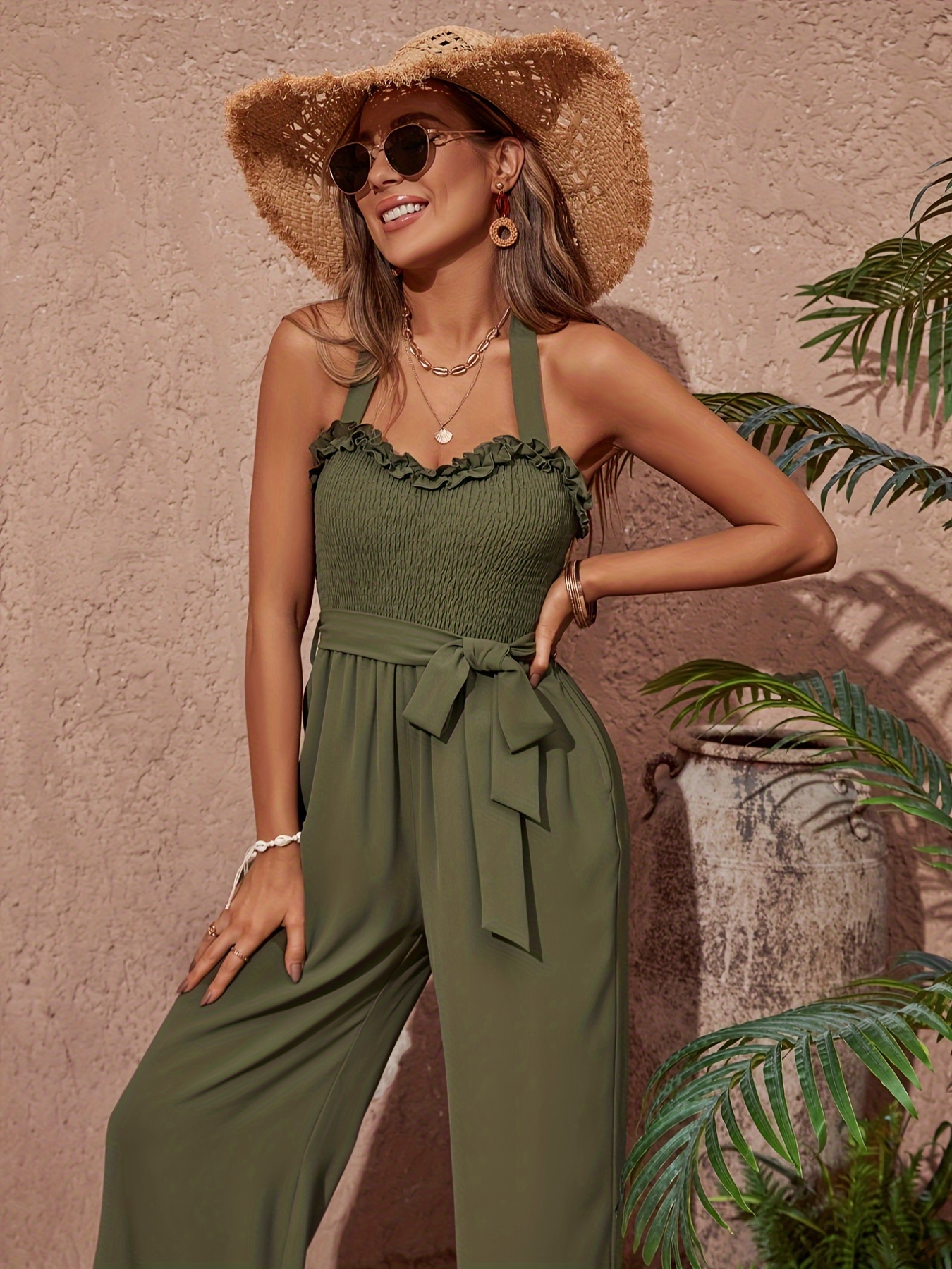 ruffle trim halter wide leg jumpsuit vacation shirred tied backless belted jumpsuit womens clothing details 2