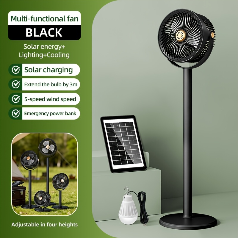 TEMU Portable Fan With Solar Panel Suitable For Indoor/outdoor, 5-speed Adjustable Floor/table Fan, 4 Height Settings, Abs & Body, Emergency Cooling