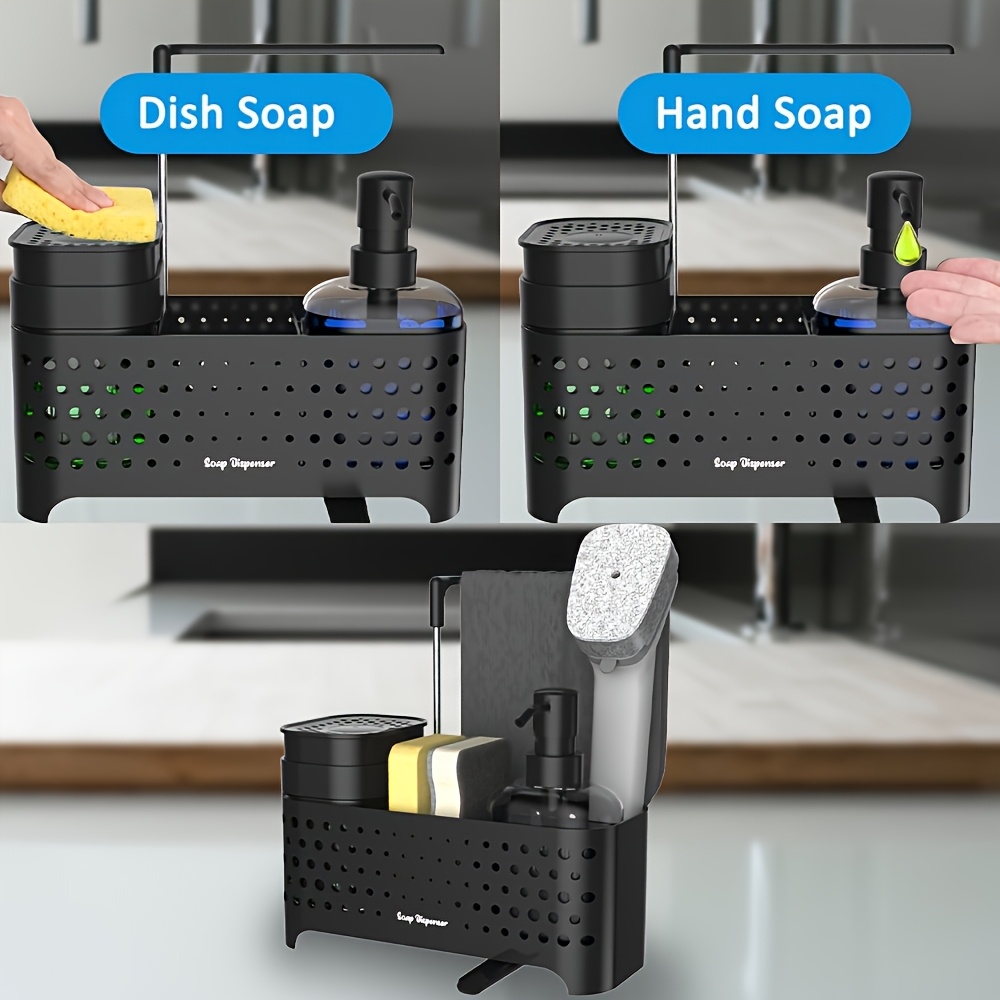 TEMU Distributeur de savon manuel haut de gamme de qualité - pile, en plastique avec porte-éponge intégré, convient aux cuisines et de bains