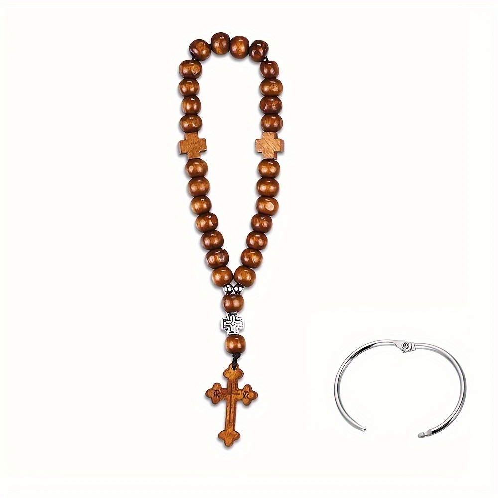 Image of 1pc Wooden Bead Rosary Rearview Mirror Car Pendant Hanging Accessory, Car Interior Decoration, Gift For Men And Womens
