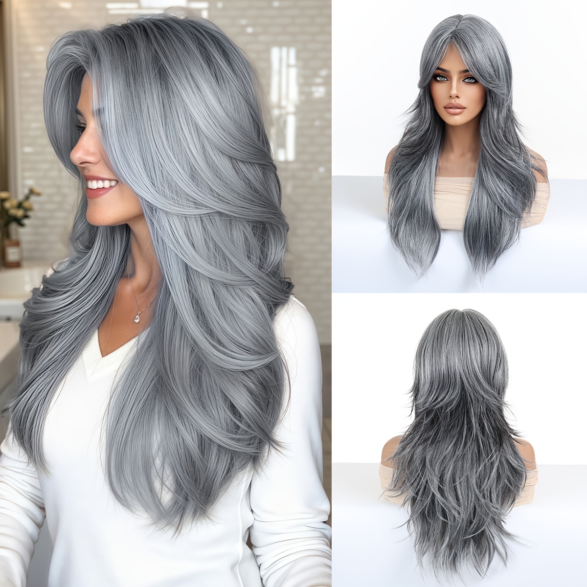 Image of 24-inch Women' Elegant Gradient Blue-gray Layered Wavy Wig With Bangs - Synthetic Fiber Curly Hair Suitable For Daily Wear, Parties, Weddings, Rose For & Hair Types, Volume & Length