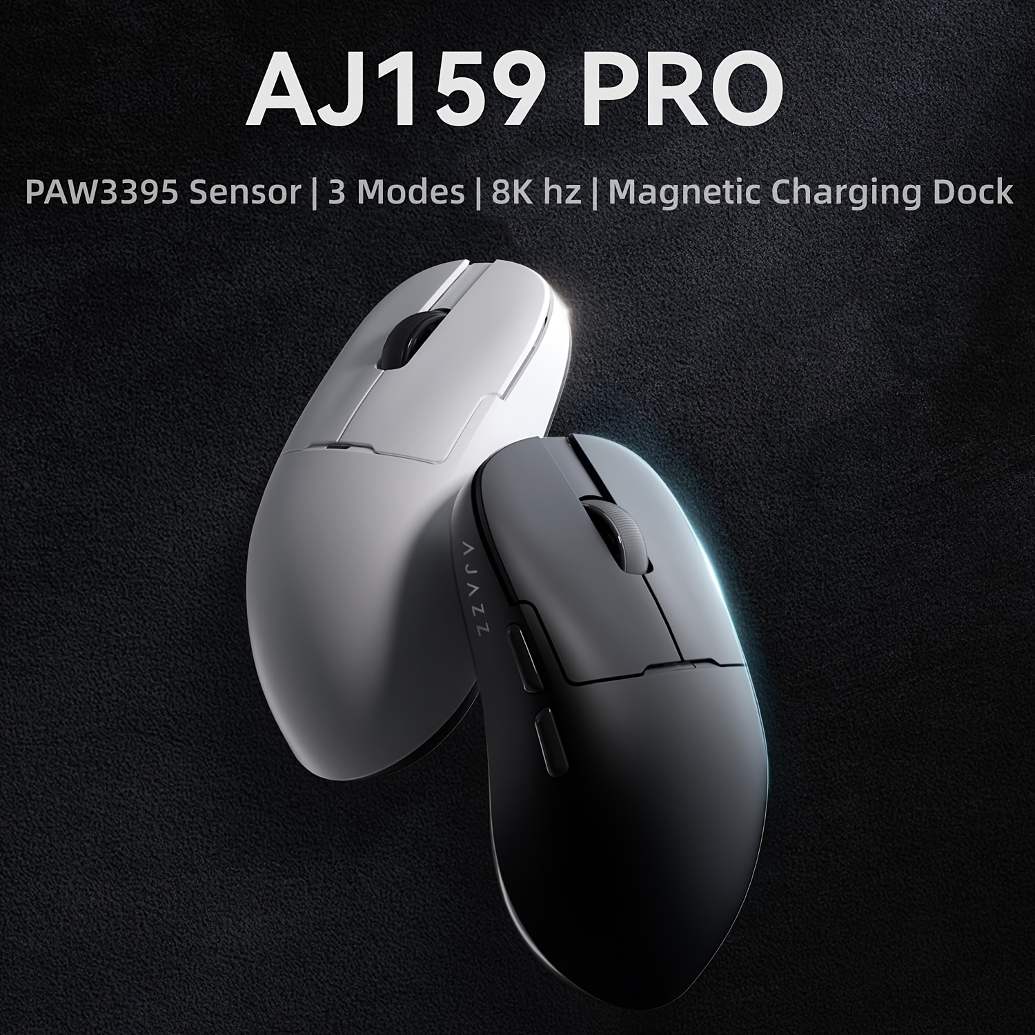 aj159 pro 무선 게이밍 마우스, 8khz 수신기, 무선/2.4g 연결, 자기 충전 도크, 26k dpi, paw3395 센서, 경량 디자인, usb-c, 에르고노믹 트리거 버튼, 윈도우 10 및 노트북용 56g 센서 패드,  용