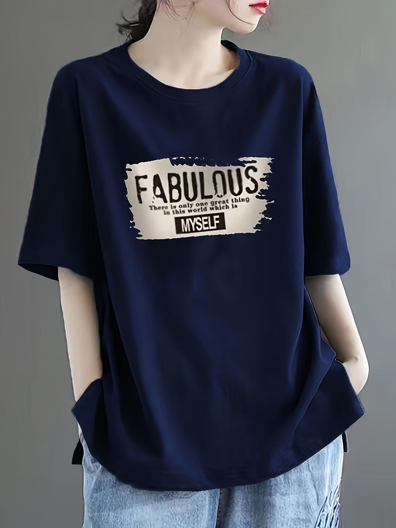 Women's Navy Blue Loose Fit T-Shirt Non-Stretch Casual Everyday Top with  Lettering, Korean Fashion Tee for Women Jeans Outfits,