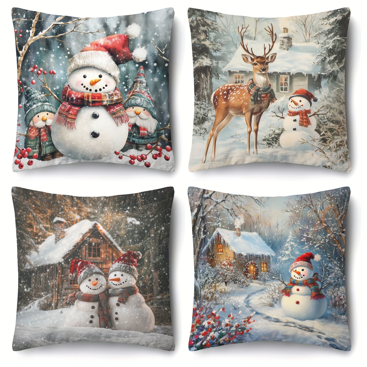 

4pcs Christmas , , Snowman & , , , Polyester, 18x18 For Sofa & Bed Decor (inserts Not Included)