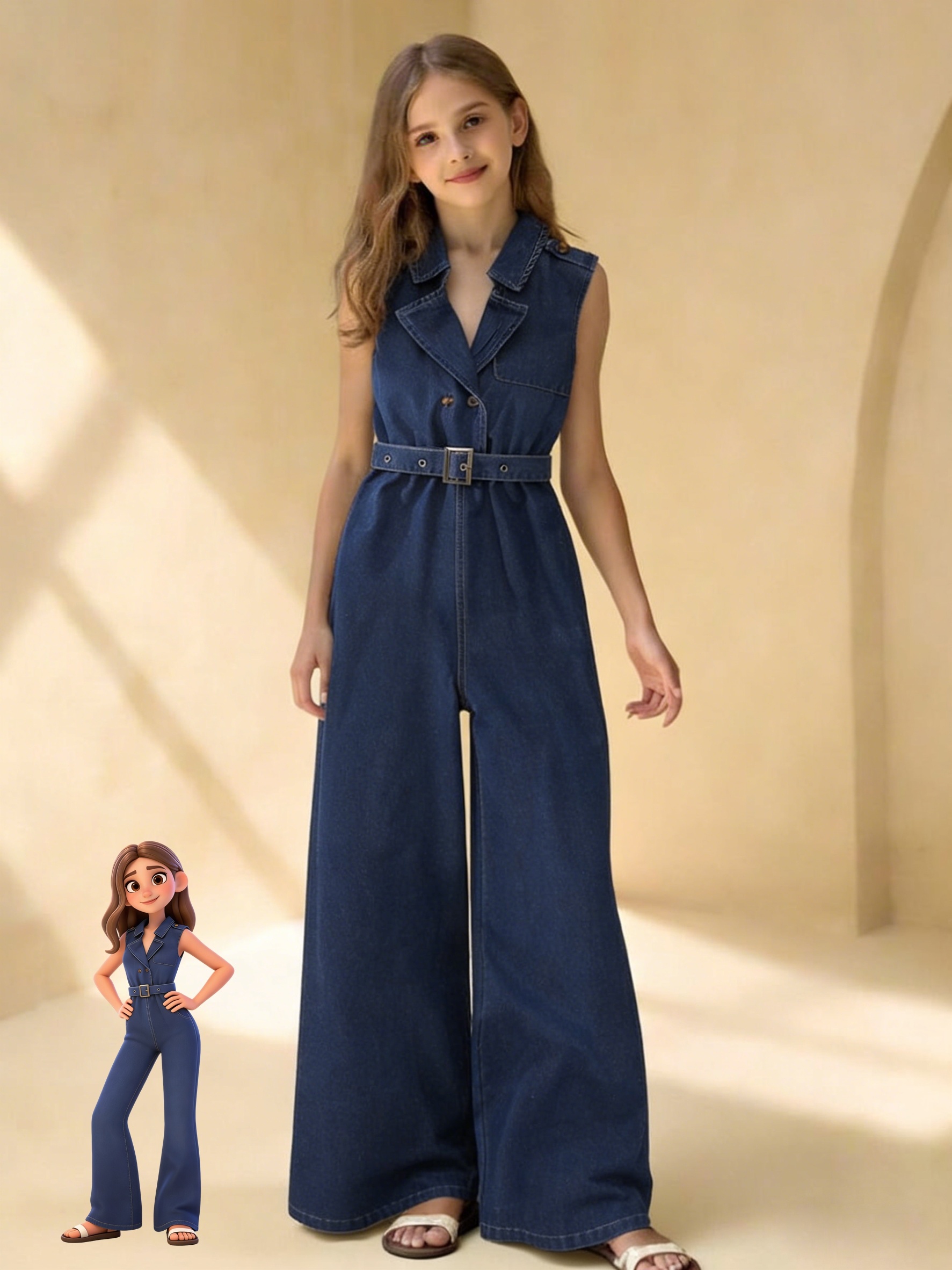Girls' Fashion Solid Color Regular Turn- Collar Button Denim Sleeveless Belted Loose Jumpsuit Ankle-Length Denim Jumpsuit Summer Casual Girls' Jumpsuit, for Outdoor