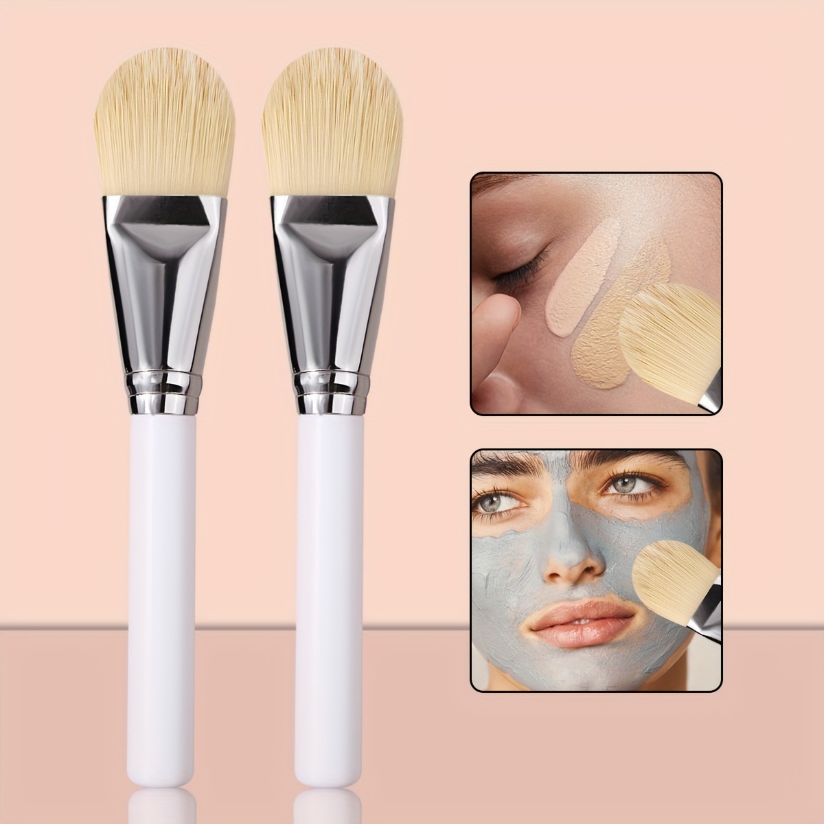 

2pcs Luxury Soft Nylon Bristle Face Mask & Foundation Brushes - Multi-functional, Portable Beauty Tool For Beginners, Fragrance-free With Wooden Handle For Types, Makeup Brushes