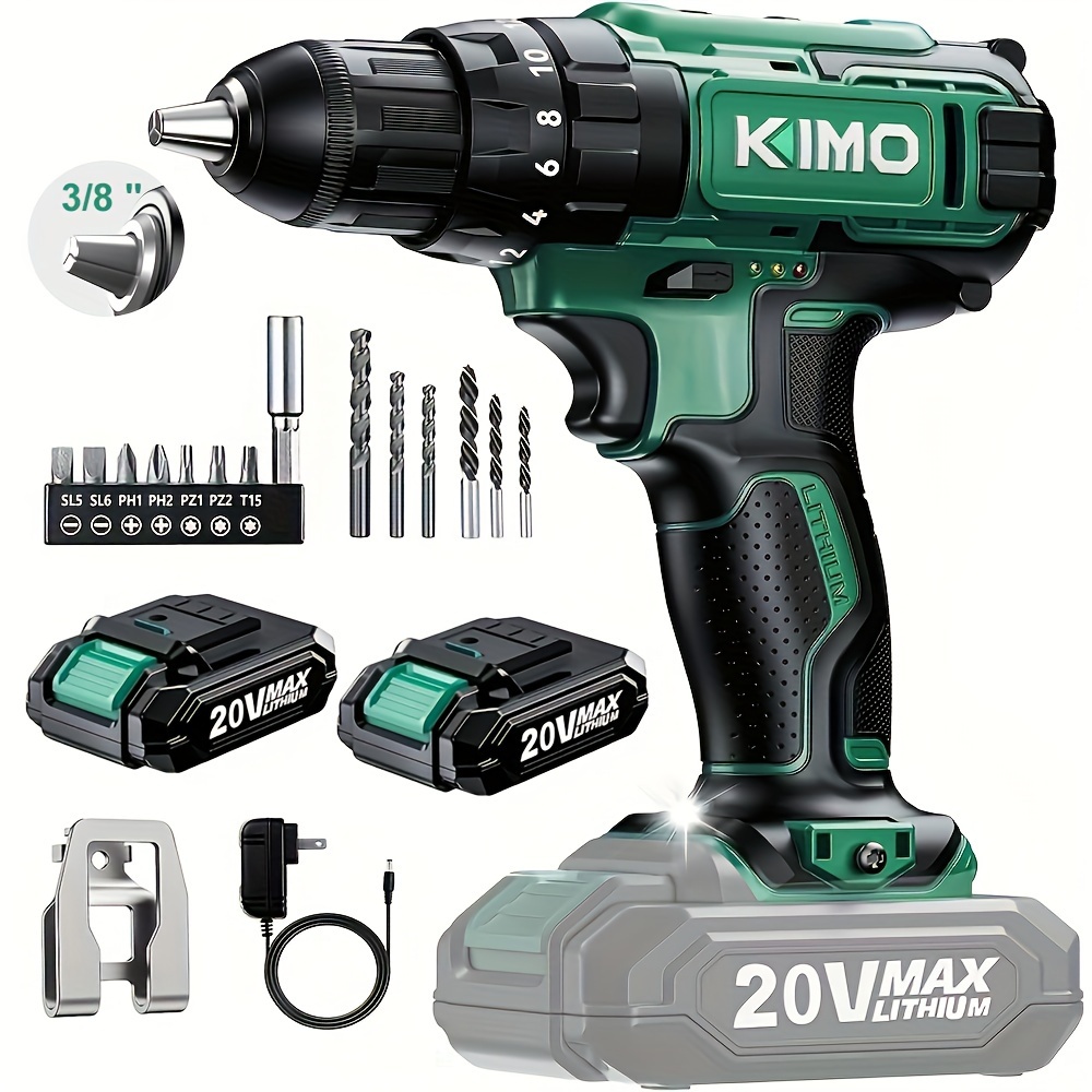 

Kimo 20v Cordless Drill Set 2 Batteries And Charger, 3/8" , 350 In-lb Torque, 1350 Rpm, 21+1 Position, 18pcs Accessories, Power Drill For Home Drilling Wood Bricks Walls Metal