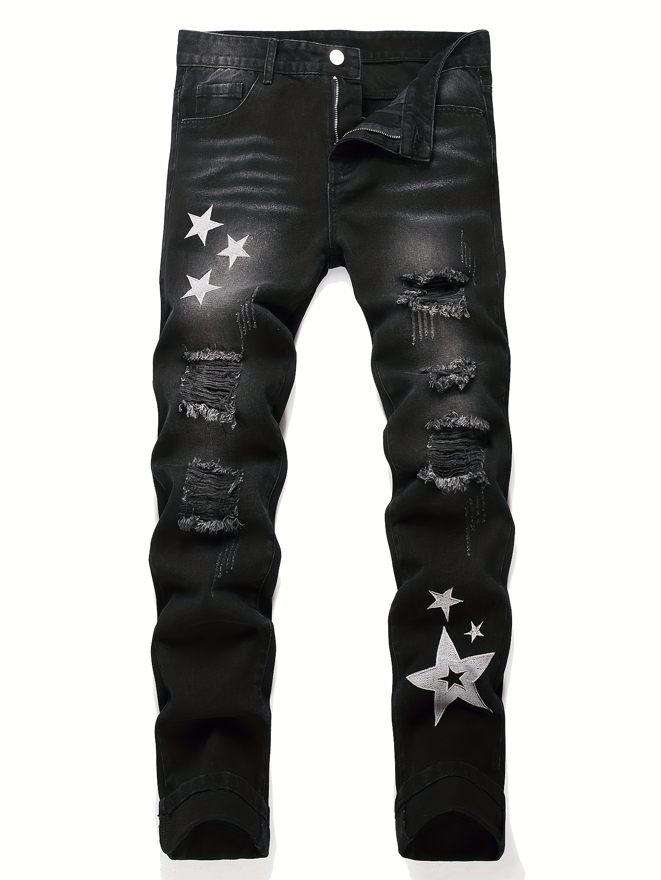 *'s Vintage White Distressed Star-Print Ripped Jeans *-Fit Frayed Hem  Embellished Denim Pants *-* Button Closure (Cotton/Polyester
