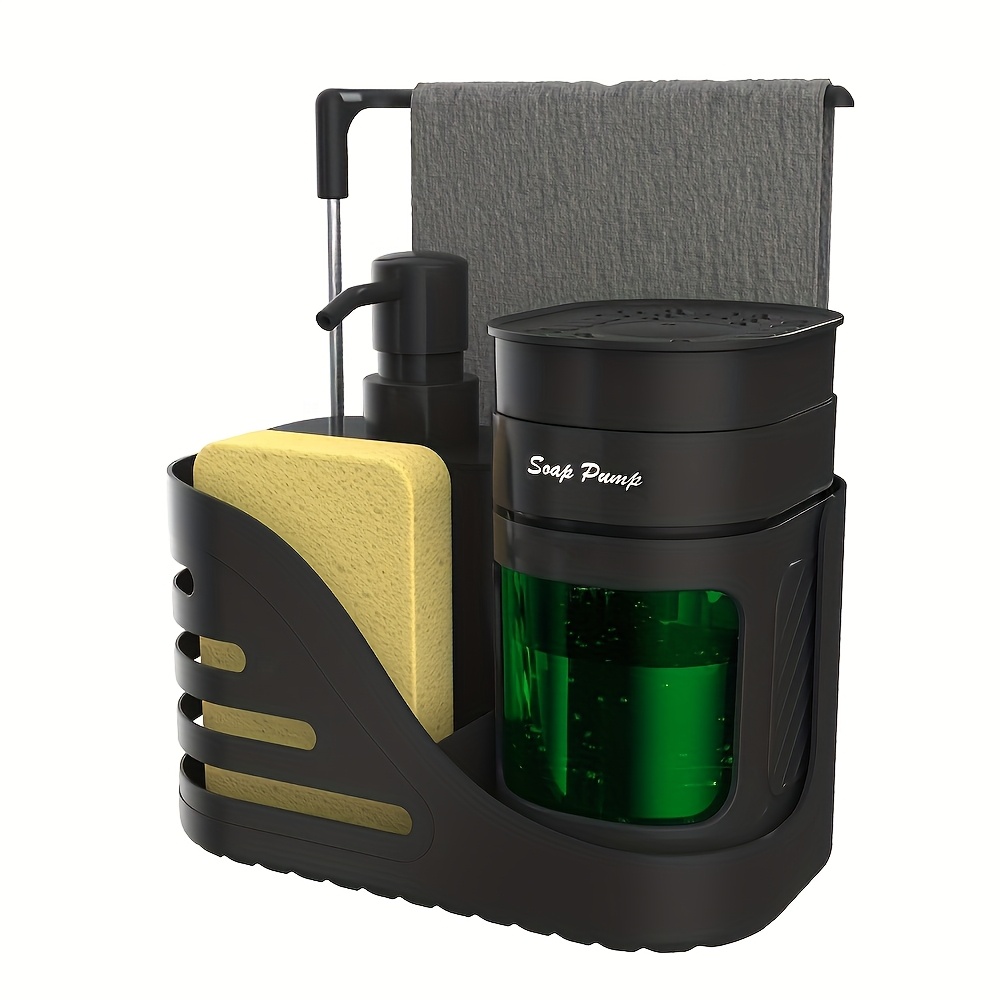 4-in- Soap Dispenser Set With Sponge Holder & Dish Cloth Rack - Durable Plastic, No Electricity Needed, Black & White, Handy For Kitchen Sink