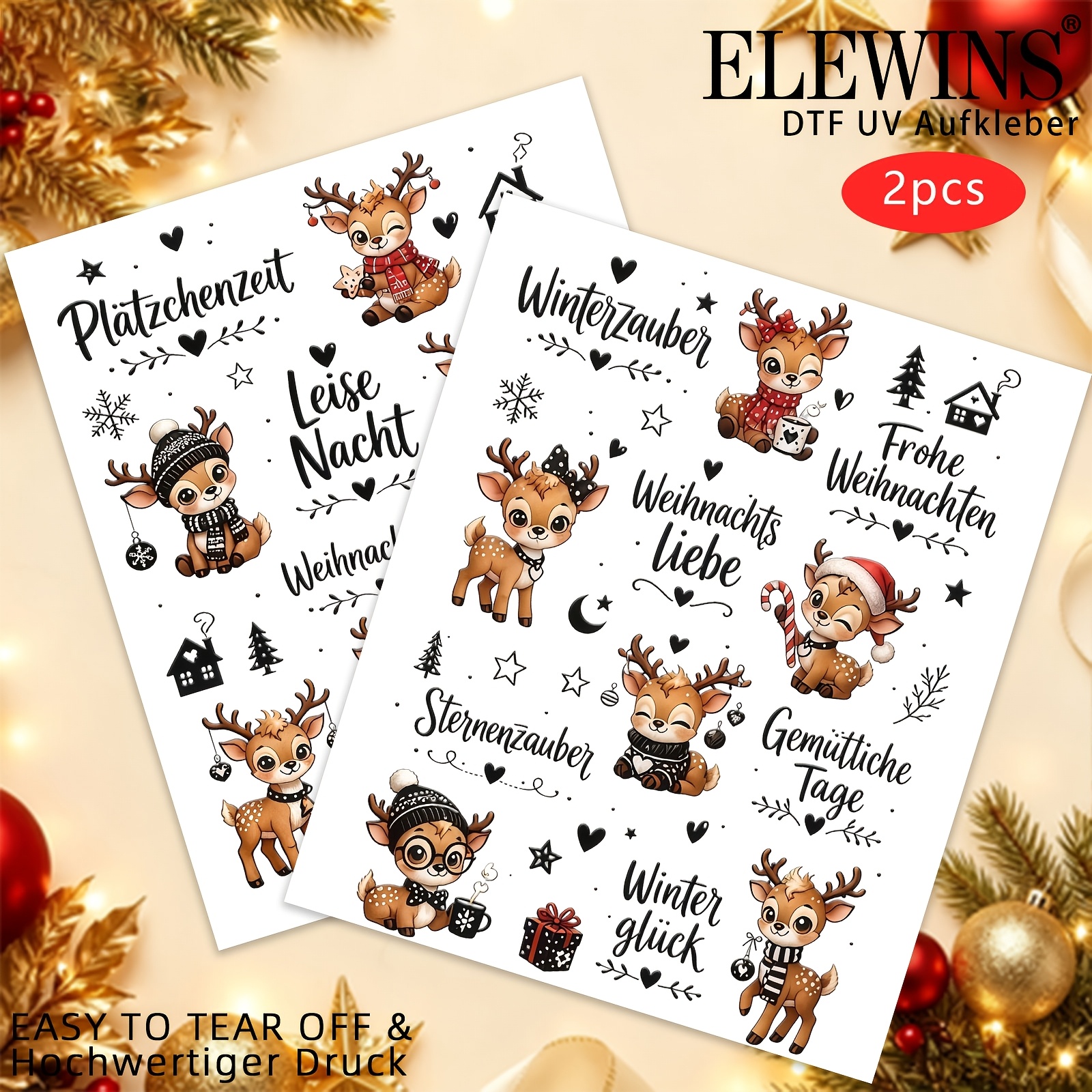 Image of 2pcs German Christmas Reindeer Uv Dtf Transfer For Mugs, Bookmarks | Candle Tattoos, High-quality, Positive, Uplifting, , Suitable For Craft Enthusiasts.