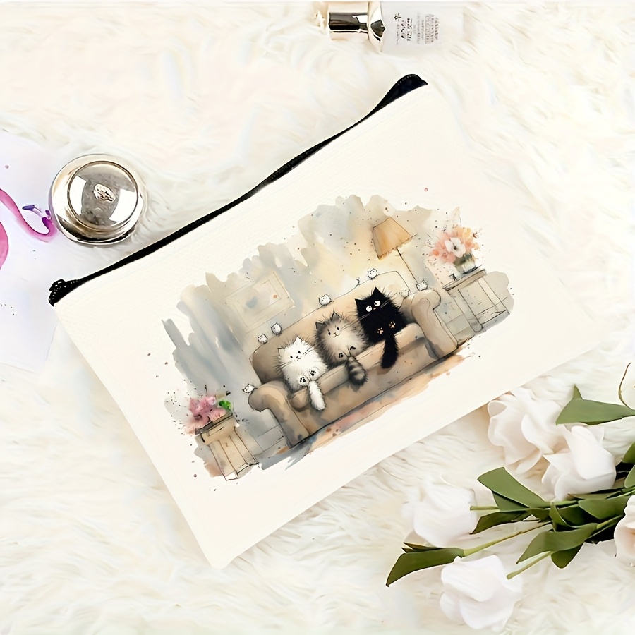 TEMU 1pc Whimsical Cat Print Makeup Bag Suitable For Women &, Durable Zipper Closure Travel Cosmetic With Kitten Design, Machine Washable Pouch, Gift