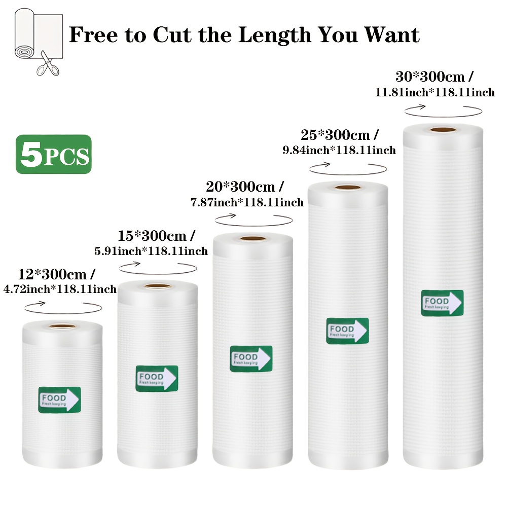 TEMU Set Of 5 Vacuum Sealer Bags, Durable And Puncture-resistant Textured Bags, Multi-width ( Widths) And 300cm Each, Perfect For Food Preservation,