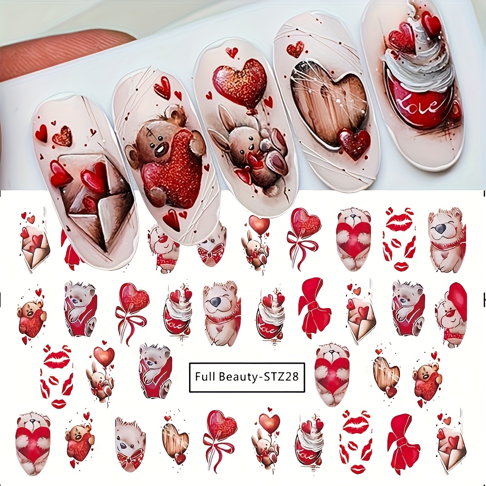 

1 Set Valentine's Day Cartoon Nail Stickers, Love Heart, Teddy Bear, Bow, Design, Self-adhesive Plastic Nail Art Decals, , Glitter Accents, Reusable - Diy Nail Decor For Women And Girls