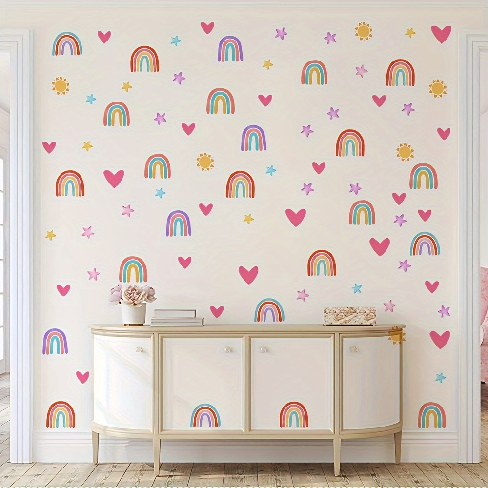 Boho Rainbow Wall Decor Stickers, Small Rainbow Wall Decal, Watercolor Rainbow Heart Wall Stickers, Bedroom Wall Decor 6.8*10.4in*4pcs