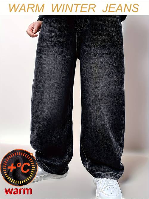 Slika predmeta dečačke zimske farmerke sa postavom od , zimske pantalone otporne na hladnoću, moderne ulične farmerke za svaki dan, dečačke široke farmerke, ulične ležerne hip-hop pantalone, dugačke ležerne pantalone za svaki dan, pantalone sa punim elastičnim strukom, pantalone za praznični stil
