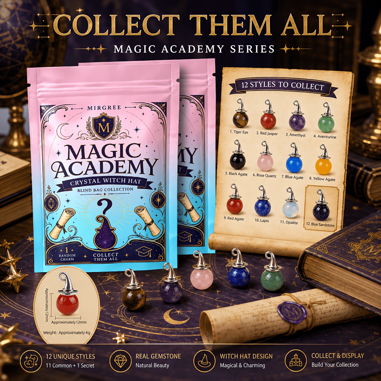 TEMU Mirgree Halloween Hat Charm Blind Bag, 1 Random Mini Gemstone Pendant Per Bag, Fantasy Mystery Collectible Gift, Available In 1 Bag Or 3 Bags