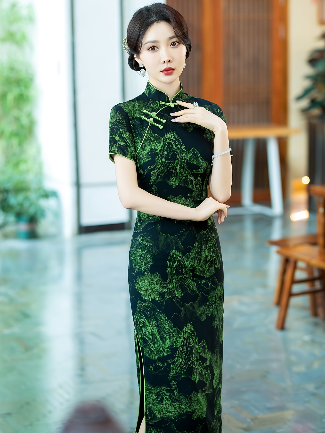 emerald green chinese dress Hanfu】Emerald Elegance Bloom | Cheongsam/Qipao