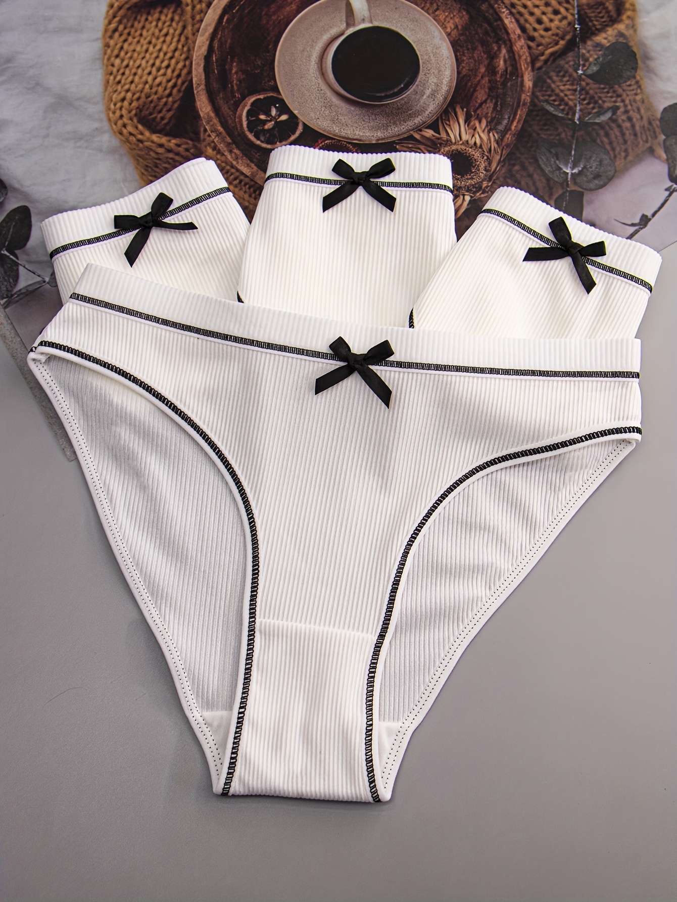 4pcs Women's Mid-Rise Briefs with Chic Bow Detail - Breathable & Comfortable Ribbed Texture in Assorted Colors, Stretchy Polyester Blend, Non-See-Through - Perfect for Casual Attire