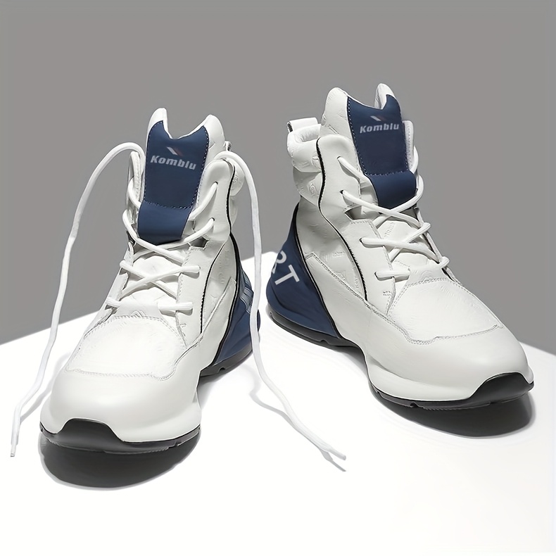 Men's High-Top Casual Sneakers - White & Blue, All-Season Comfort, Lace-Up Sneakers with Non-Slip PVC Sole, Round Toe, PU/Fabric Upper, Perfect for Casual Attire, High Top Sneakers