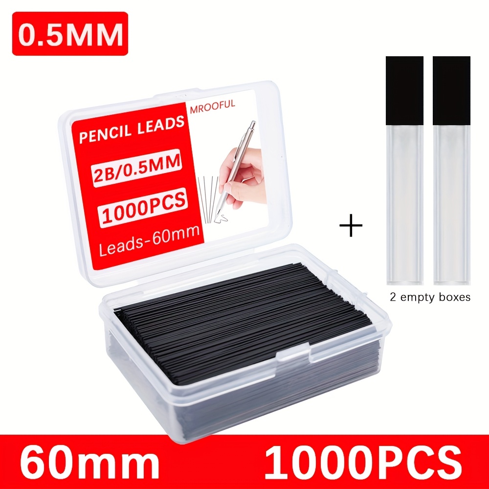 TEMU 1000pcs/box 0.5 0.7mm Large Capacity Automatic Pencil Lead 2b Replaceable Moving Lead Smooth Writing Drawing 6cm Length Free 2pcs Empty Tubes