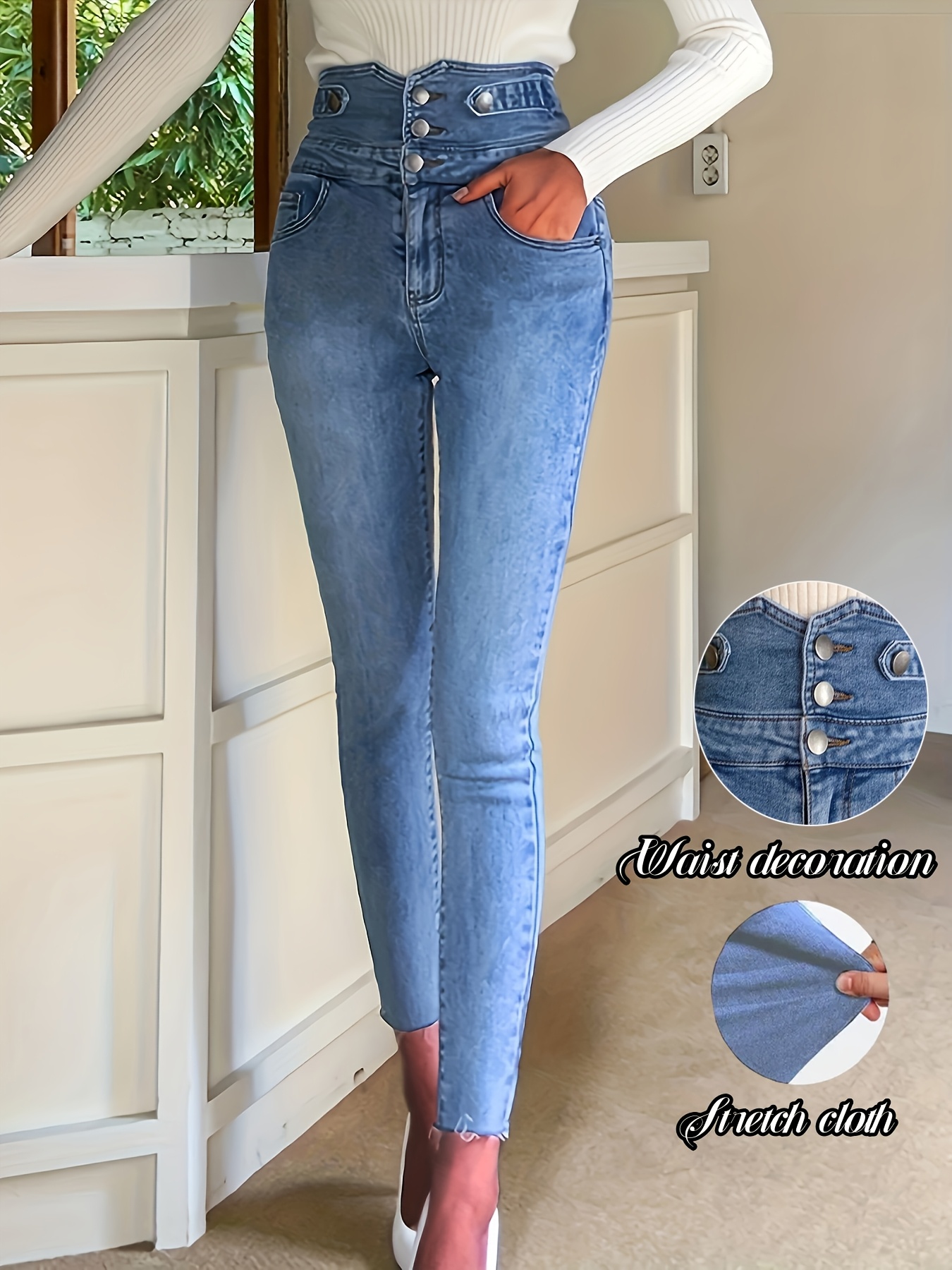 [Elegant Style] Women's High-Waist Skinny Jeans Elegant Stretch Denim  with Decorative Buttons Hem Detail, Versatile Design, Machine Wa