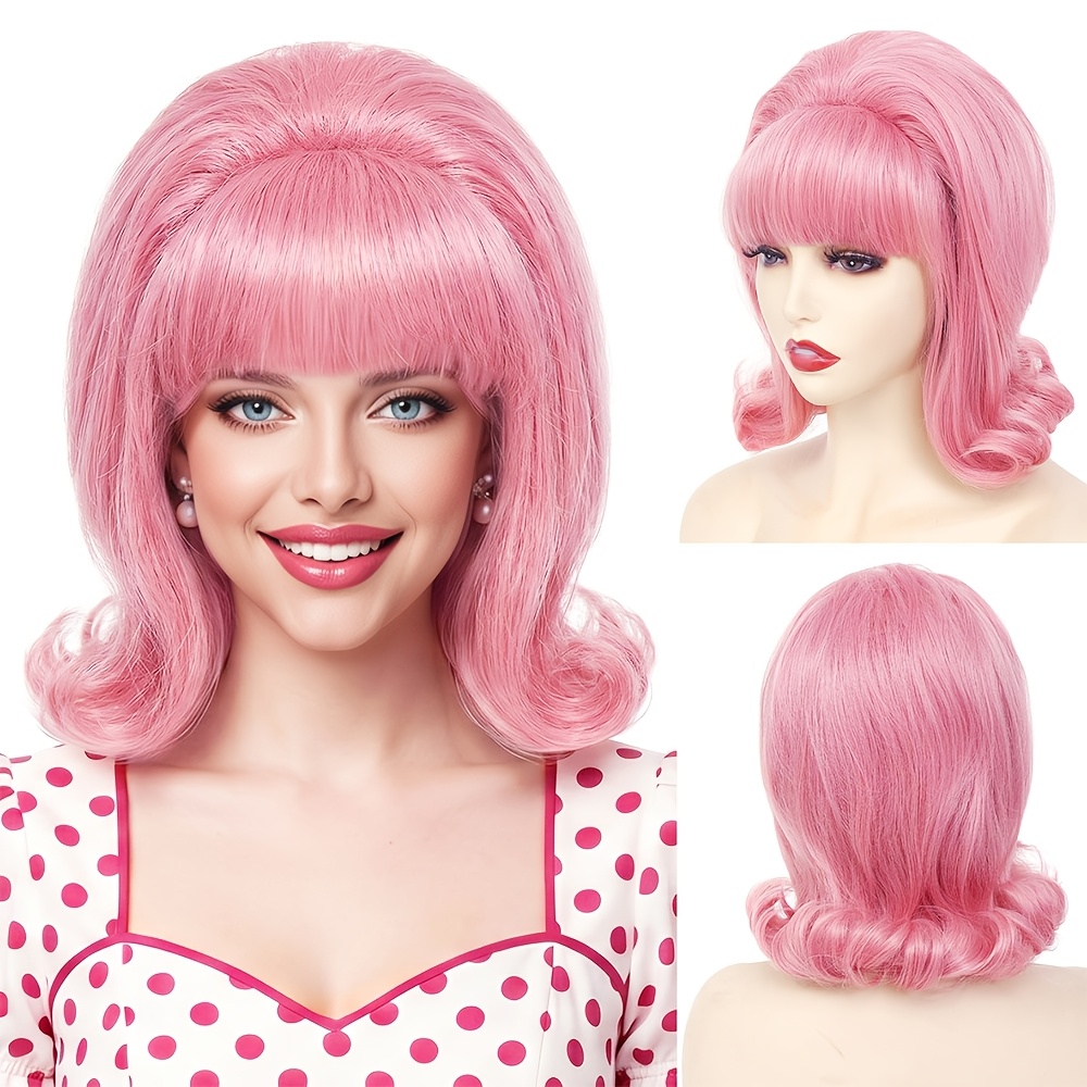 TEMU Perruque pour costume d'Halloween 60S 70S Rétro Araignée Bouffant Perruques Rose Bob Court avec Frange pour Femmes, Perruque de Costume Vintage