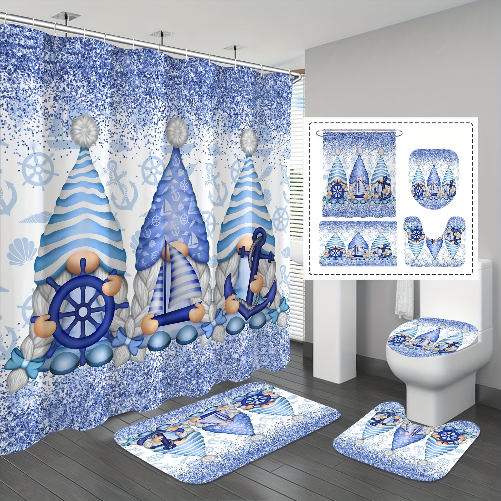 

1/4pcs Cute Gnomes Shower Curtain Set, Navigation Sparkly Shower Curtain With 12 Hooks, Non-slip Bathroom Rug, Toilet Mat, Toilet Lid Cover Pad, Bathroom Decor