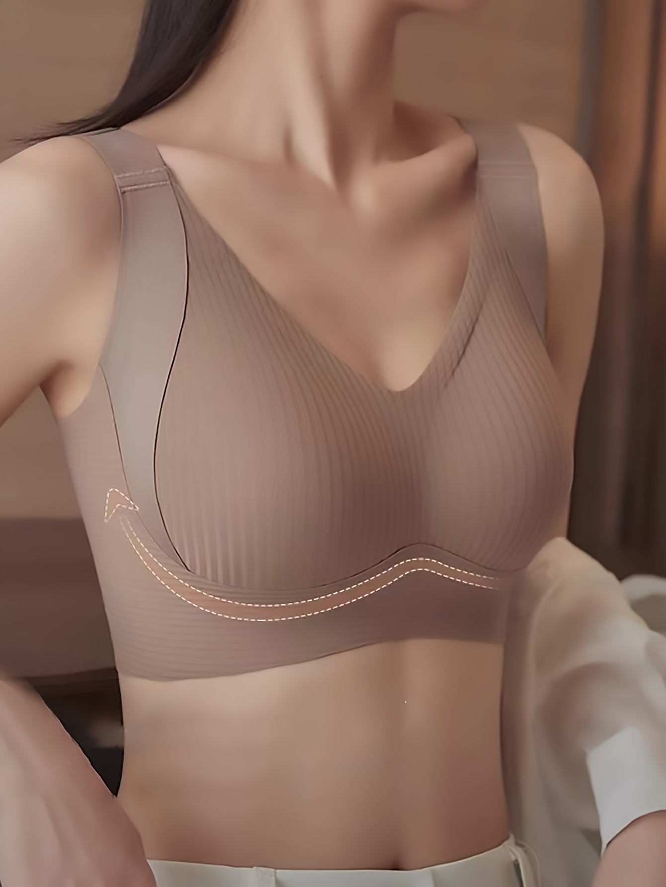 Seamless Full Coverage Bra for Women - Beige, No Underwire, Anti-Sagging, Removable Pads, Ribbed Texture, Comfort Fit, Retro Style, Hand Wash Only