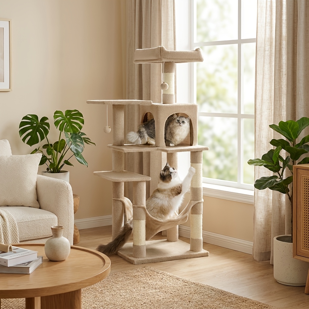 TEMU Arbre à chat Tour, Condo pour chat en peluche à plusieurs niveaux avec 4 griffoirs, 2 perchoirs, pour chat, hamac et pompons suspendus, centre