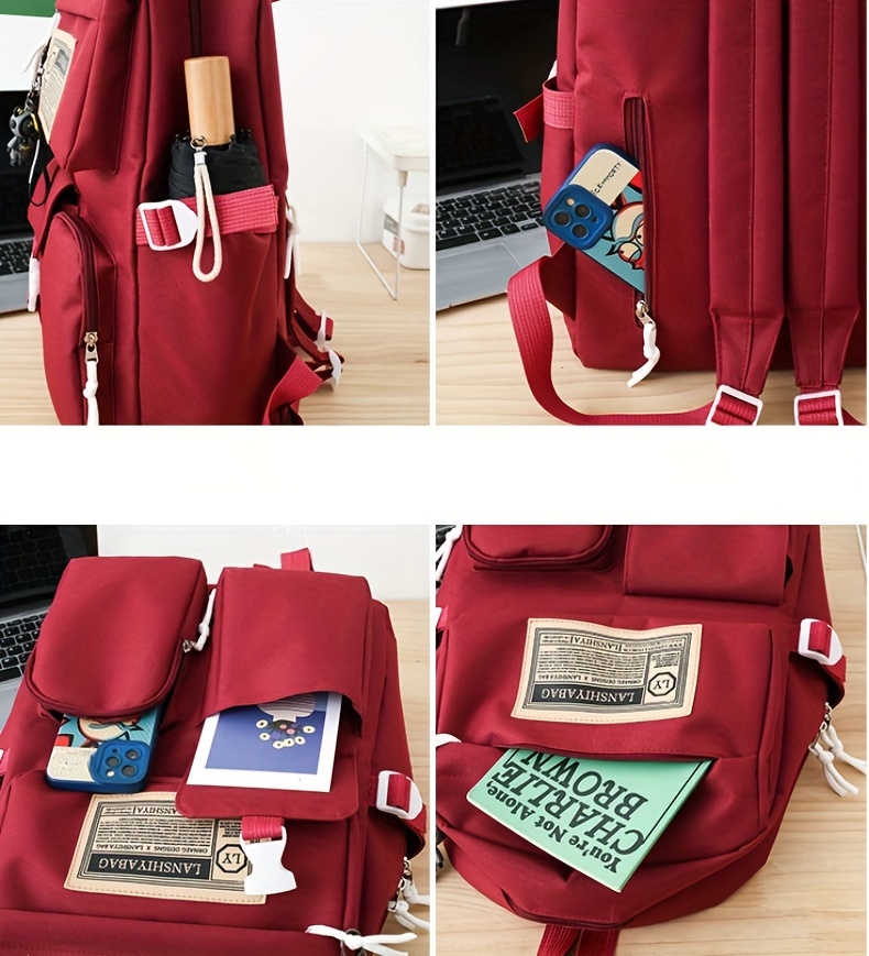 5pcs Solid Color Backpack Set, Large Capacity Double-ShoulderBag, Simple Tote, Pencil Bag, Casual Crossbody, Lightweight Student Shoulder Bag.