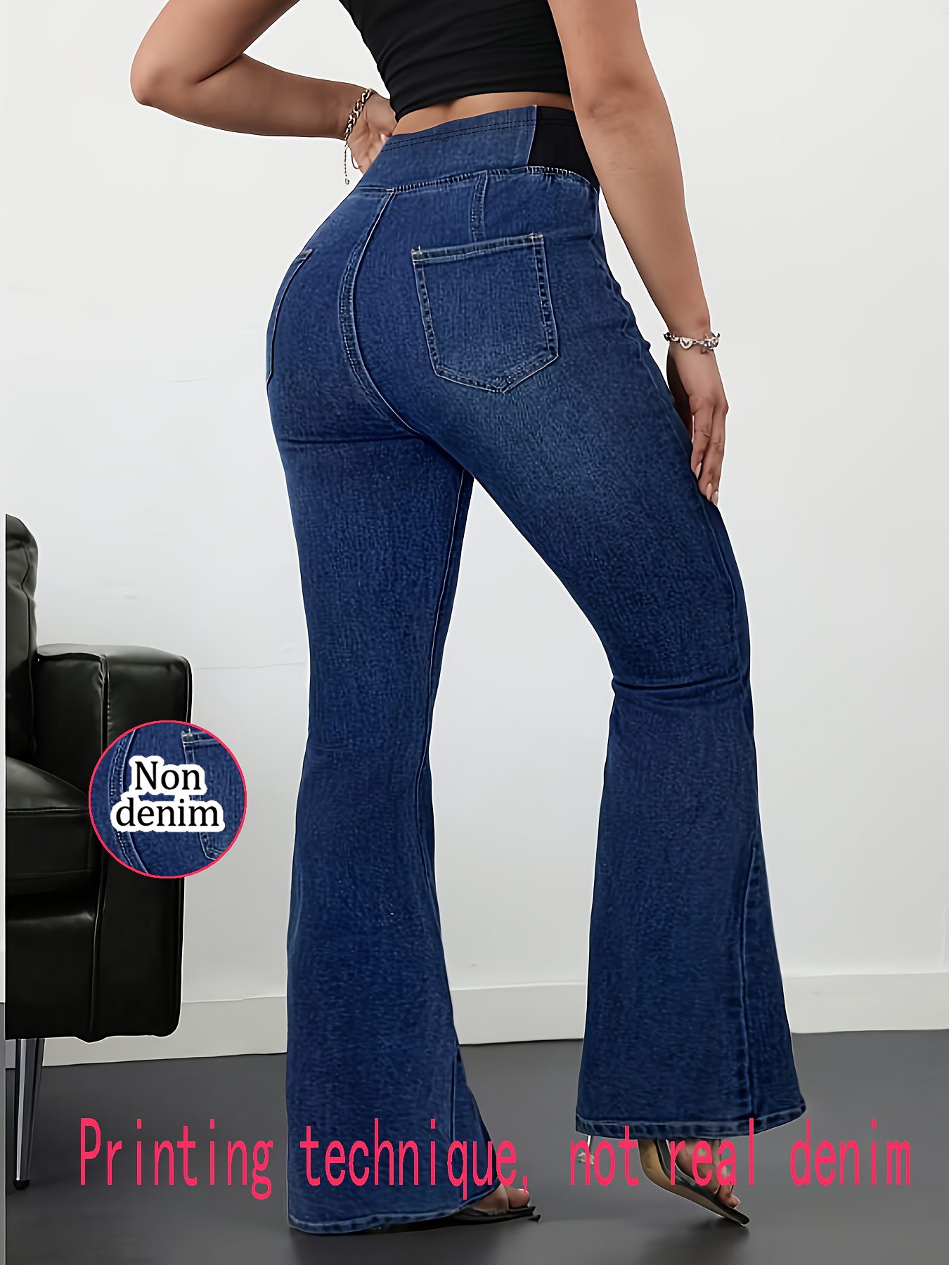 [Denim Print/Imitation Denim] Women's High-Waisted Imitation Denim Jumpsuits - Non-Stretchy Bell-Bottom Trousers with Digital Print, Machine Washable All-Season Casual to Formal Pants (Non-Denim Fabric, Comfortable Casual Attire, Belt Loops & Button Closure, Relaxed Fit, Geometric Pattern, Flared Leg Design, Adult Women's Fashion, Versatile for Jeans Look, No Wrinkles, Easy Care, Suitable for Jeans-Style Outfits) - Ideal for Jeans Look Without Denim Fabric,