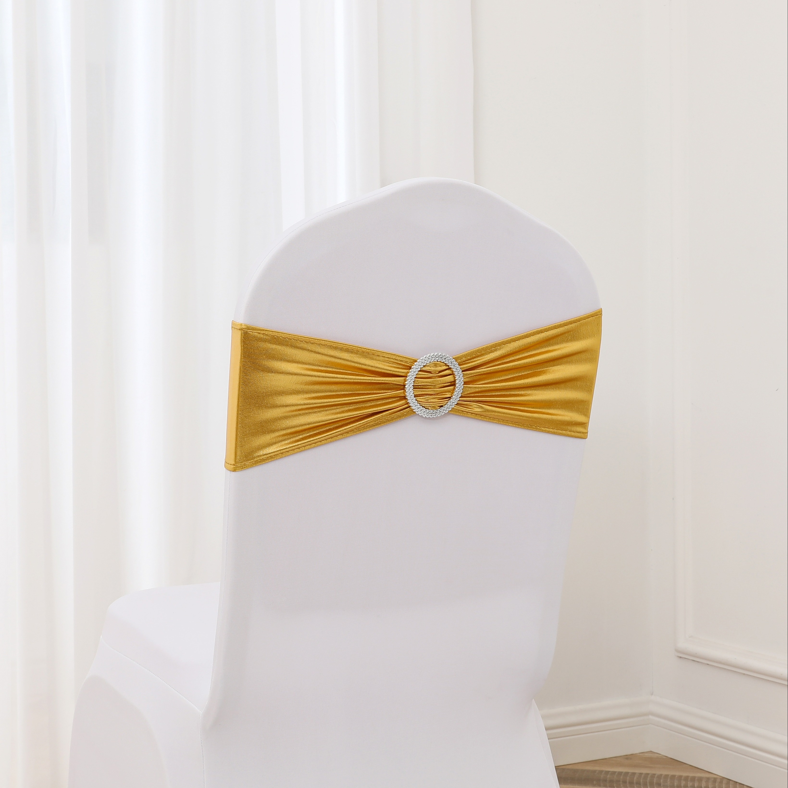 

20pcs Gold Spandex Chair Sashes With Rhinestone Buckle - Stretchable Polyester Chair Back Bows For Wedding, Party, Ceremony, Banquet Decoration - Machine Made Weave, General Fit