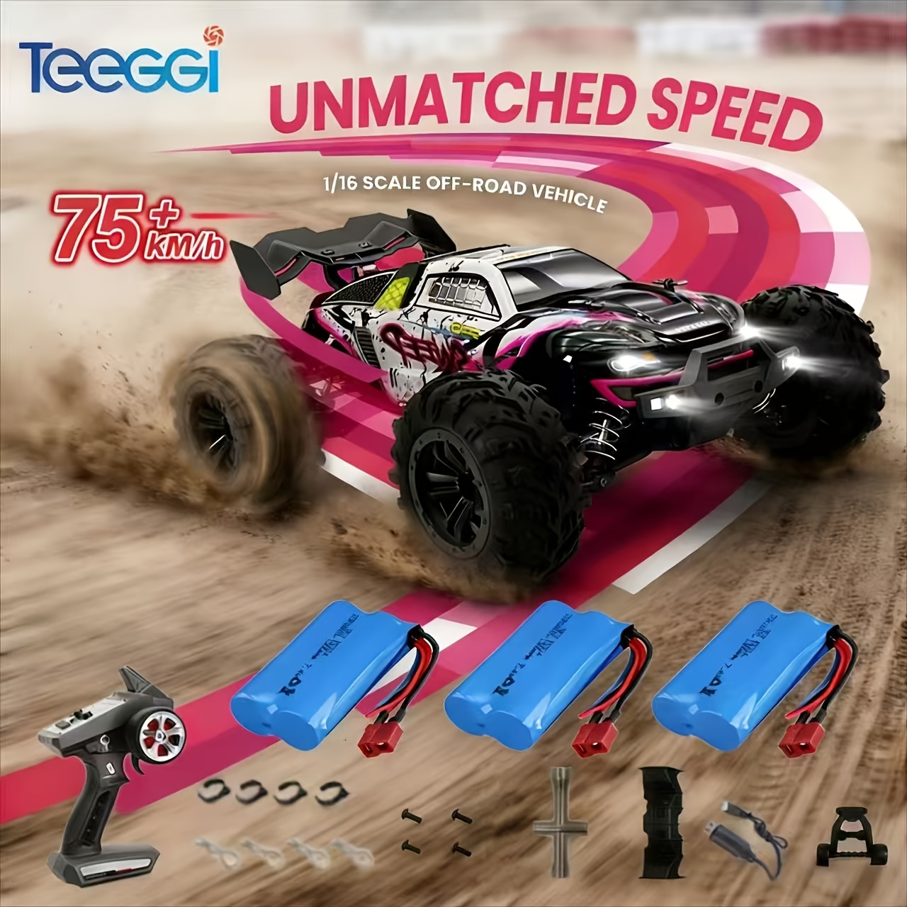 Image of 16101pro Red 75 Km/h Remote-controlled Truck Metal Upgrade Kit (differential/driveshaft), Brushless Motor, 3 Batteries, Professional-grade Off-road Truck