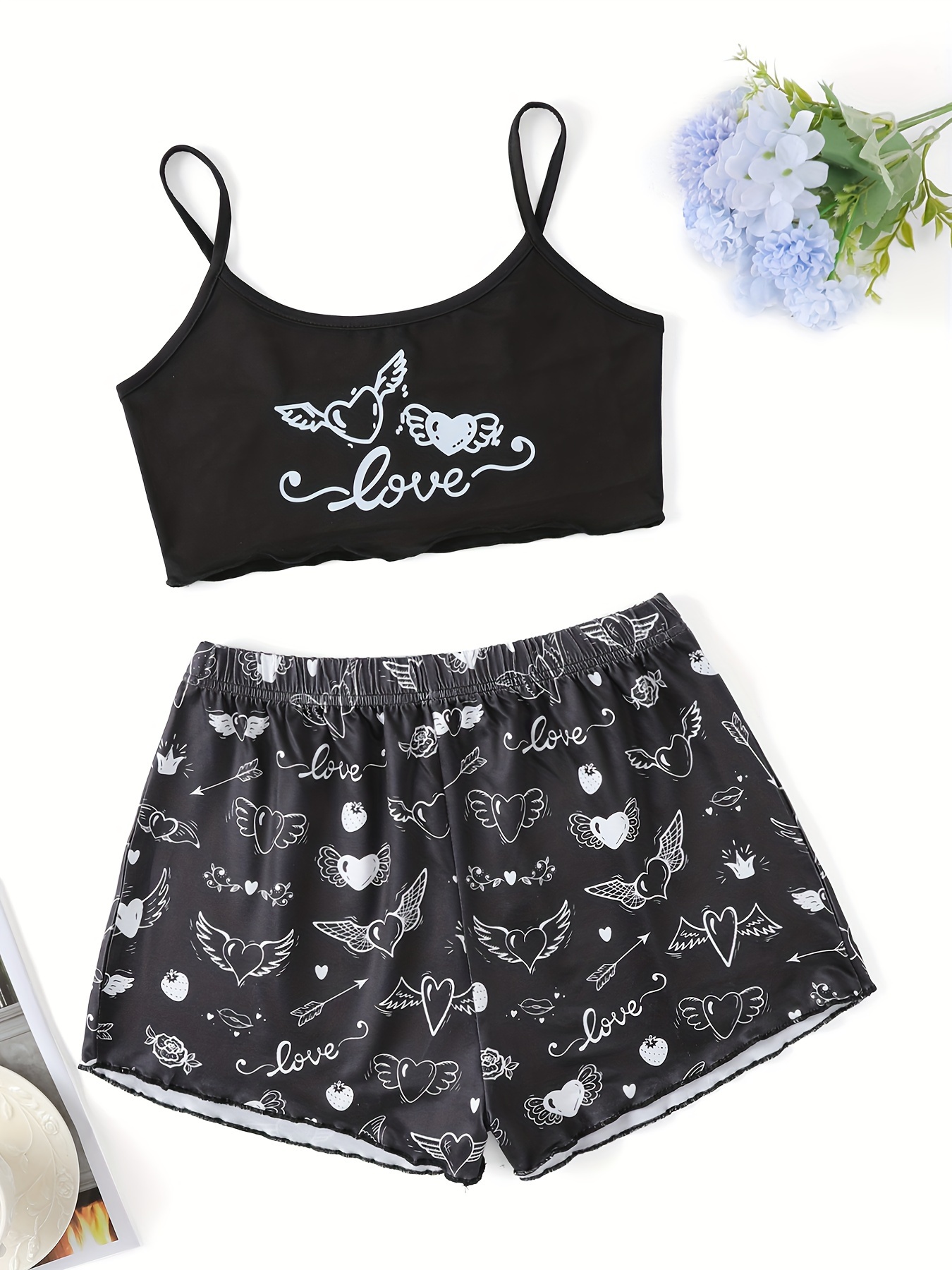 Graphic Love Heart Cropped Top and Shorts Pajama Set