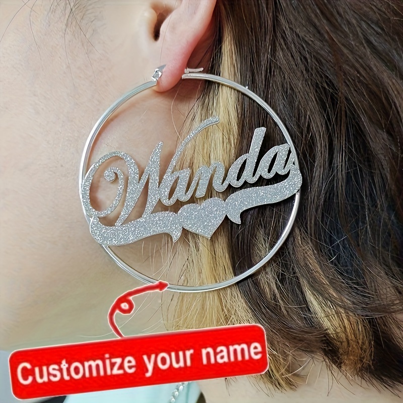 

Personalized Stainless Steel Hoop Earrings With Custom Name - Bling Heart Design, Perfect For Parties & Celebrations -