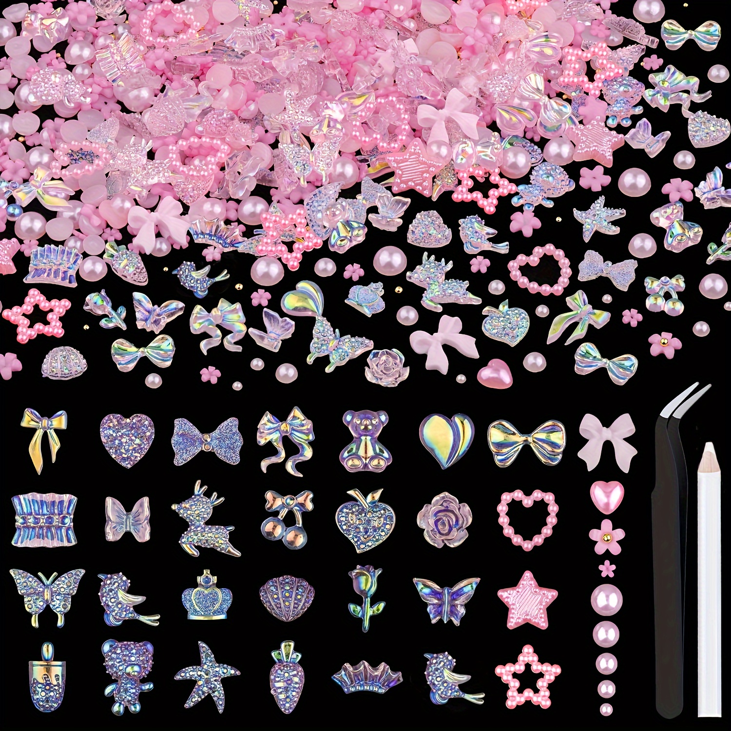 

150 Pcs 3d Nail Charms Butterfly Bow Star Heart Bear Shiny Jewels With 3d Flowers And Flat Pearls, Over 400 Pcs Cute Charms In Total With Pickup Tools For Nail Art Decoration(pink)