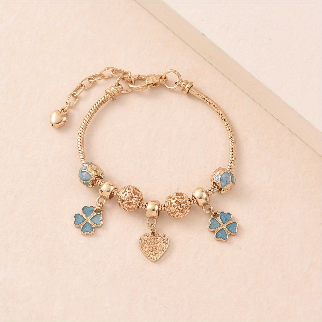 

1pc Stylish White Series Love Heart Flower Beaded Bracelet, Minimalist And Fashionable Pink And Blue Flower Series Four-leaf Clover Diy Charm Bracelet