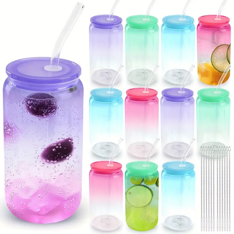 12 packs 16 oz glass cups with acrylic lids and straws can shaped glass iced coffee cups with lids gradient drinking glasses cute tumbler cup great for smoothie soda boba tea cocktail beer gift Product details 5