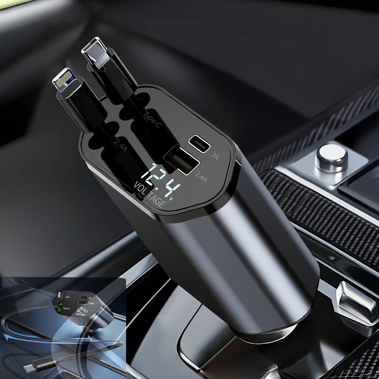 a 4 in 1 fast car charger adapter with 66w quick charging featuring 2 retractable phone charging cables type c and ios and 2 ports usb a and usb c compatible with iphone 16 15 pro max 14 13 pro max   must have for vehicles