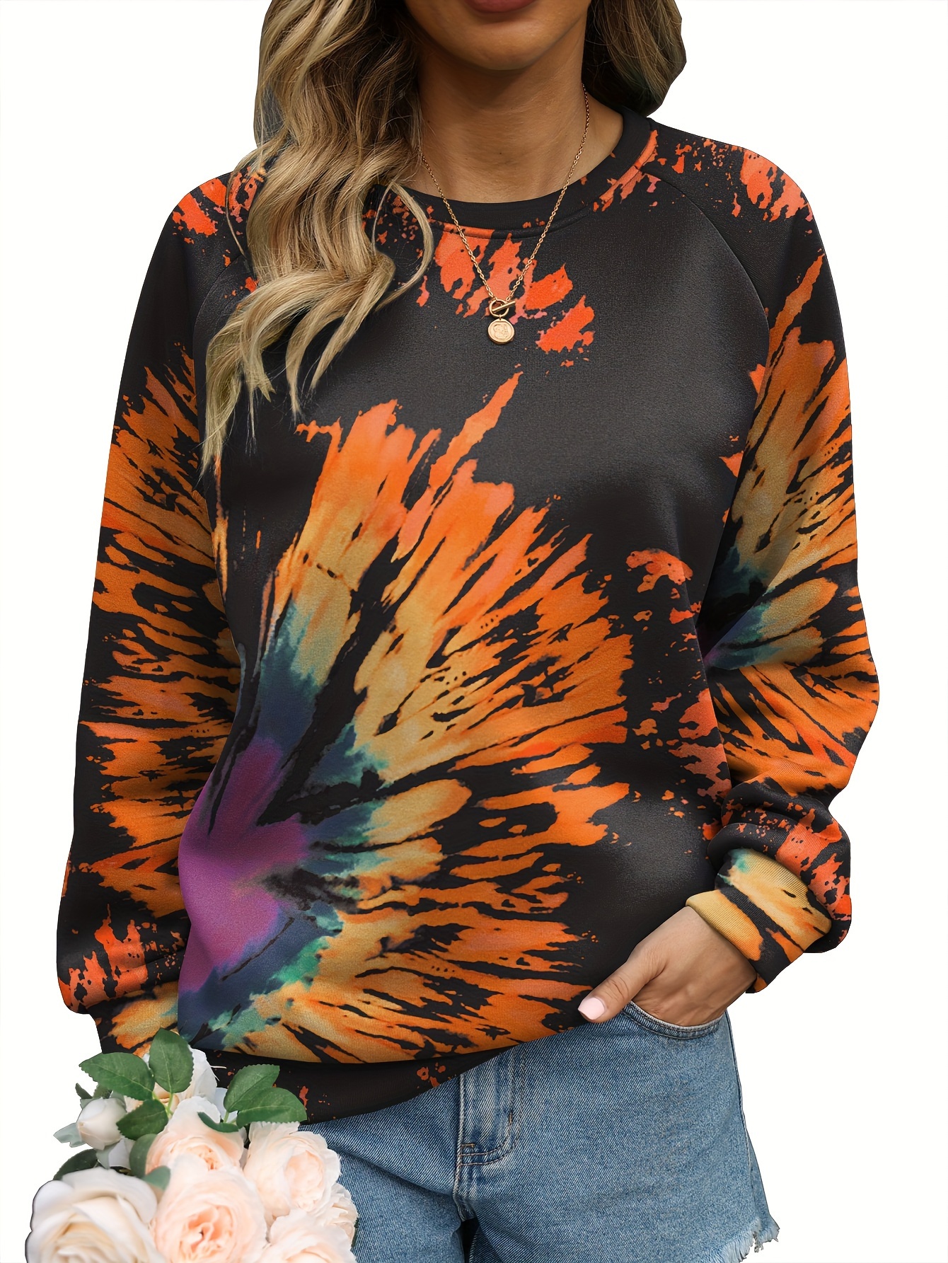 tie dye neck pullover sweatshirt stylish long sleeve Temu