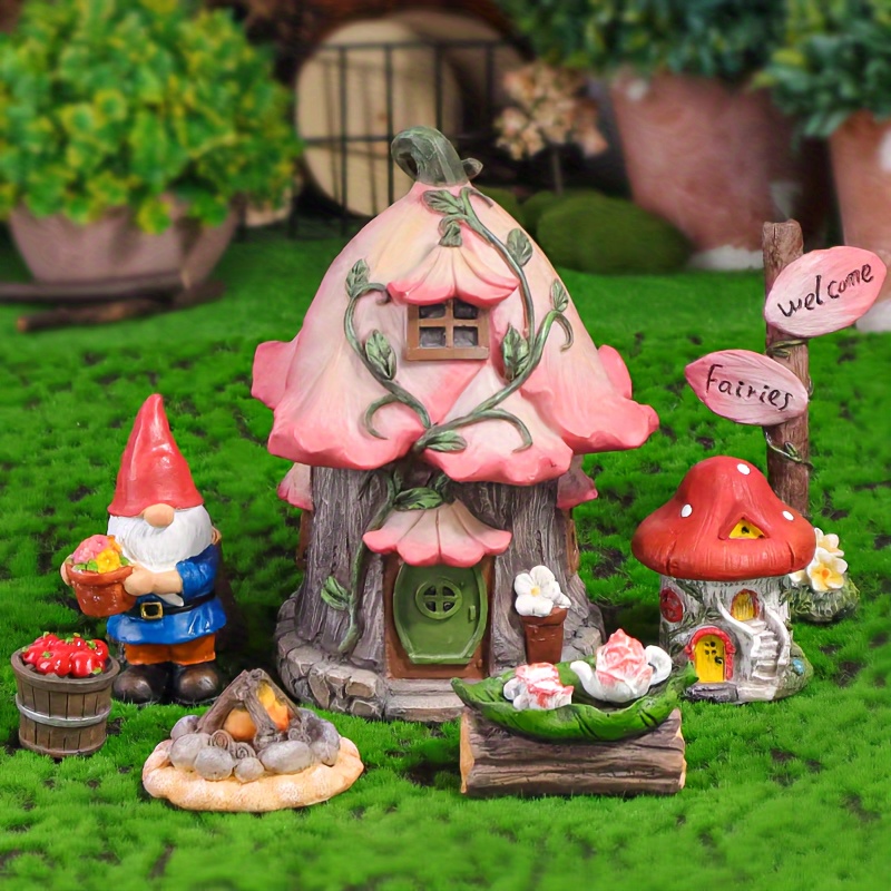 

Art Garden Statue Set - Thanksgiving Outdoor Mushroom House And Plant Sculptures, Resin Flower Home Castles With Welcome Sign, No Battery Floor Mount Yard Decoration, Ideal Valentine's Gift