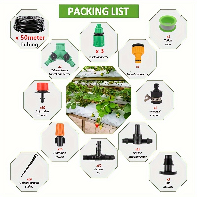 Image of 50m Automatic Drip Irrigation Kit Set Quick Connector Diy Watering Misting System With 1/4inch Distribution Tubing Nozzle Barbed Fittings For Plant Greenhouse Garden And Yard