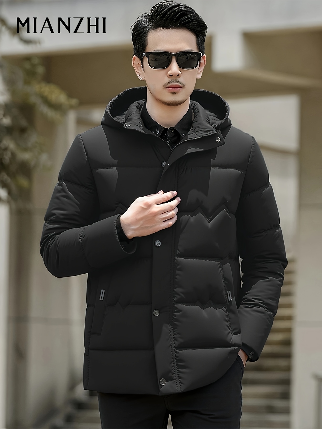   Premium Solid Color Jacket for Men - Thickened Warm Hooded Stand Collar Casual Coat for Middle-Aged and Elderly
