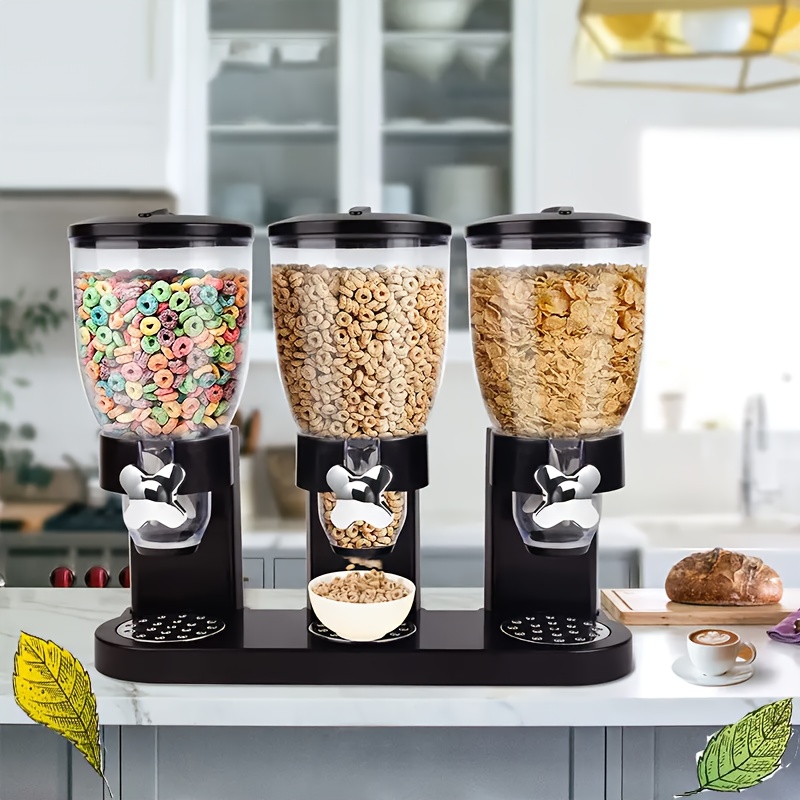 

3-bucket Electric Cereal Dispenser With Measuring Cups - Black Plastic Rice, Oatmeal, And Snack Storage For Kitchen , Food-safe Design