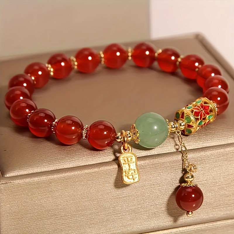 

1pc Lucky Bracelet For Women Men, Retro Synthetic Red Agate Bracelet For Family Friend, Red Bead Bracelet, As A Gift For Boyfriend Girlfriend And Best Friend