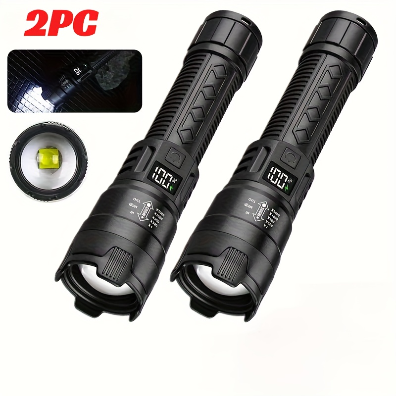 E-shop 2er-Pack LED Taktische Taschenlampe mit Digitalanzeige, Teleskop-Zoom, IP65 USB Typ-C Schnellladung, 18650 Lithium Batterie, Campinglampe,