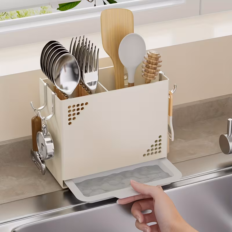 1pc wall mounted chopstick holder space saving kitchen organizer with cutlery slots countertop utensil rack with built in drainage system for home and restaurant use suitable for chopsticks spoons spatulas compact countertop or wall rack Product details 3