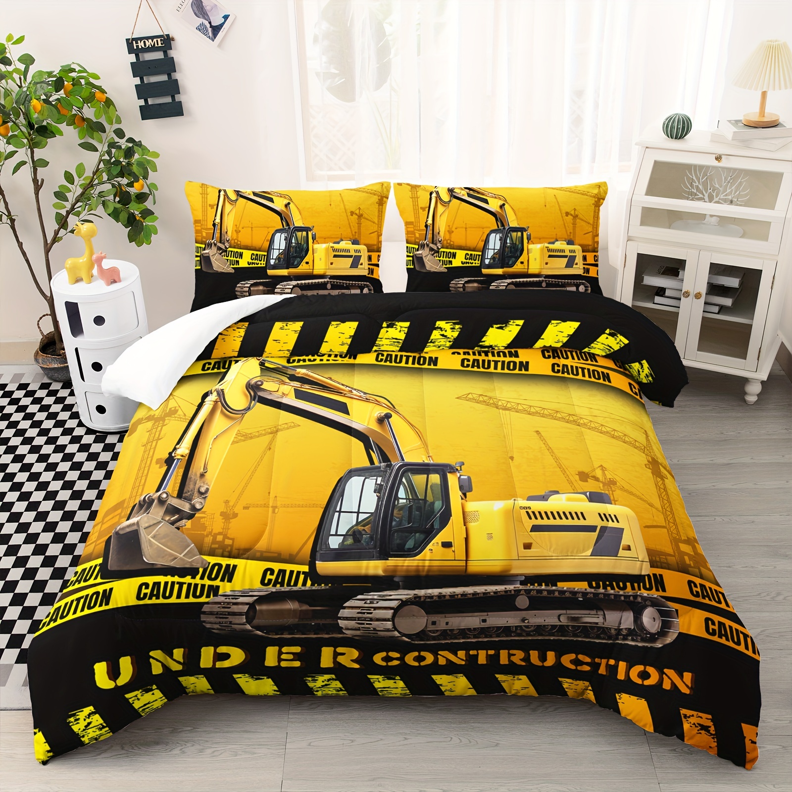 

Excavator Comforter Set, Construction Truck Bedding, 3pcs Bedding Set Printed Comforter With 2 Pillowcases